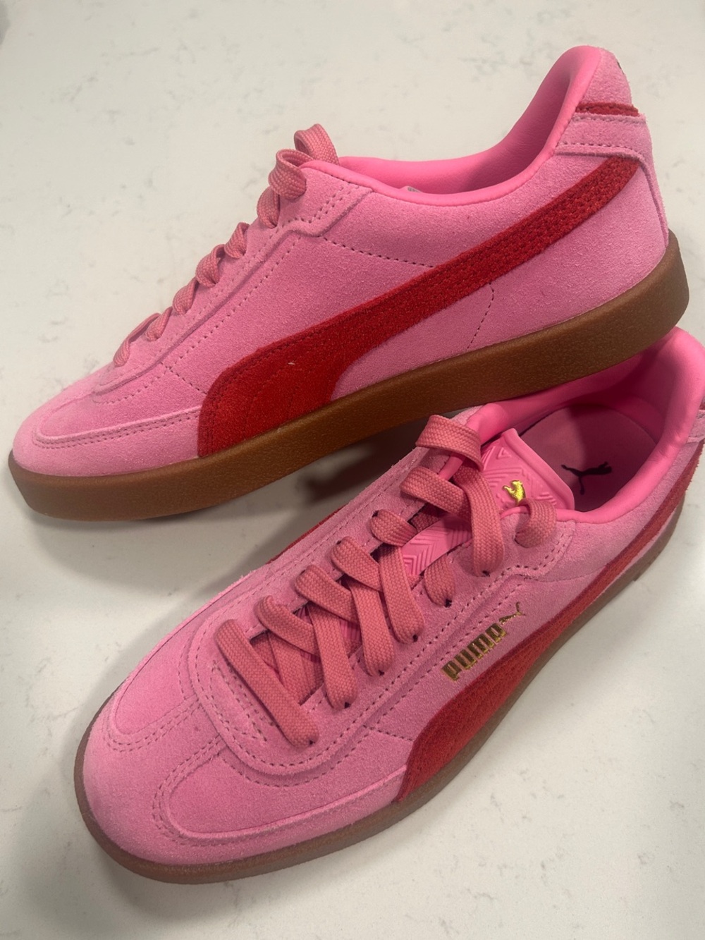 Puma Pink Suede Sneakers with Red Stripe and Gum Sole (women’s size 7.5)